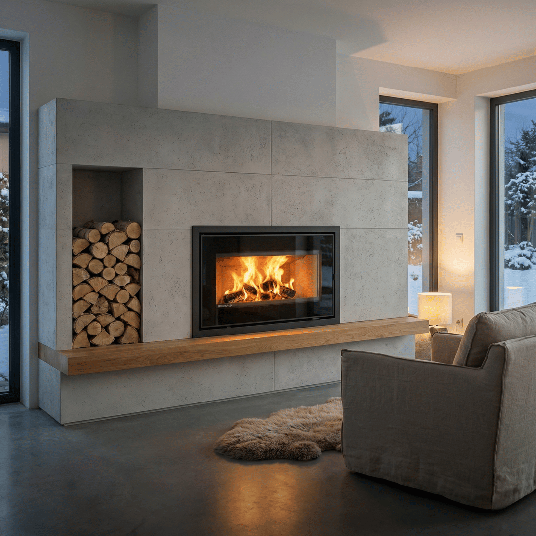 Living modern stil scandinav cu șemineu tip casetă și bancă din lemn, creând o atmosferă caldă în contrast cu peisajul de iarnă.