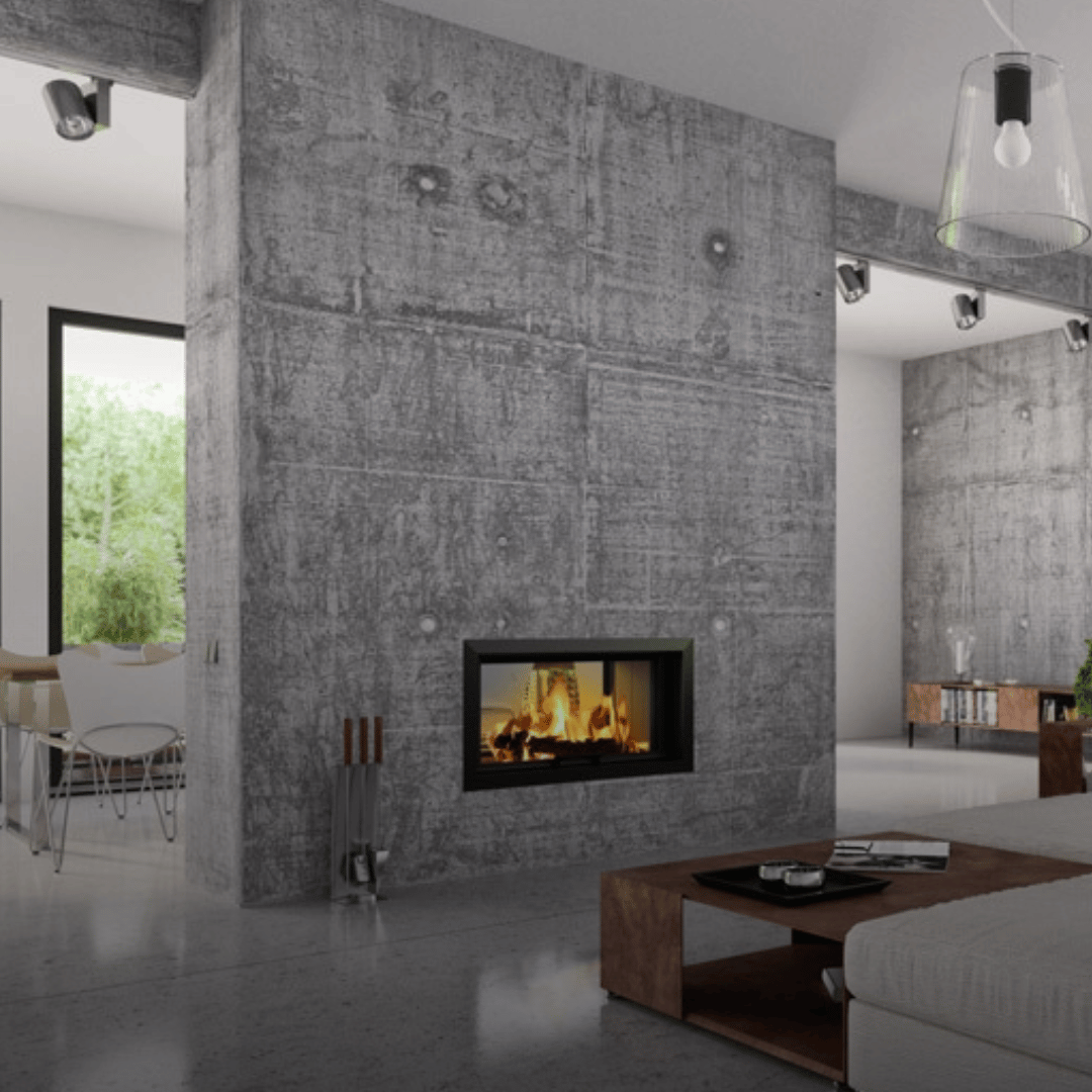 Amenajare interioară stil industrial cu șemineu tunel integrat în perete, separând elegant zona de dining de living.