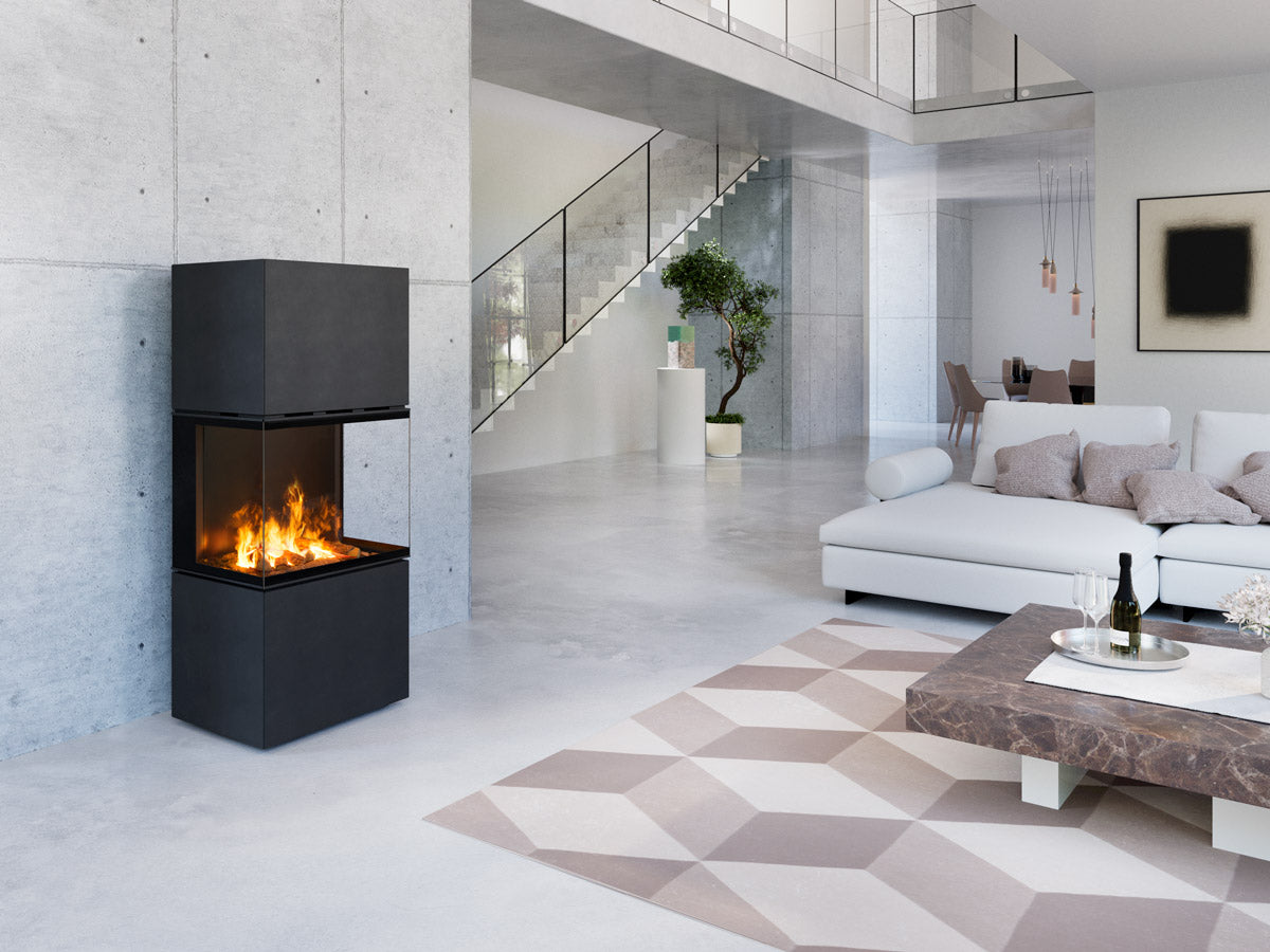 Semineu electric modern din metal negru, cu geam pe trei laturi, amplasat intr-un living minimalist cu pereti din beton si decor scandinav.