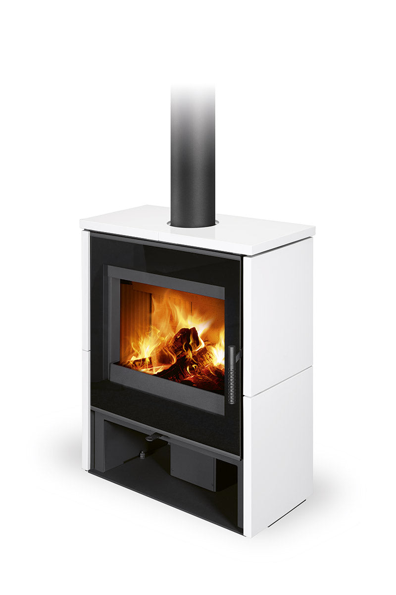 Soba ceramica Romotop Aledo G cu usa complet din sticla cu print negru
