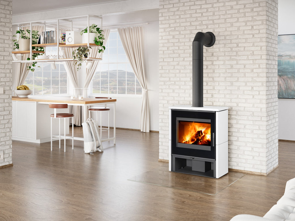 Soba Aledo G in decor interior modern, luminos cu caramida alba pe pereti 
