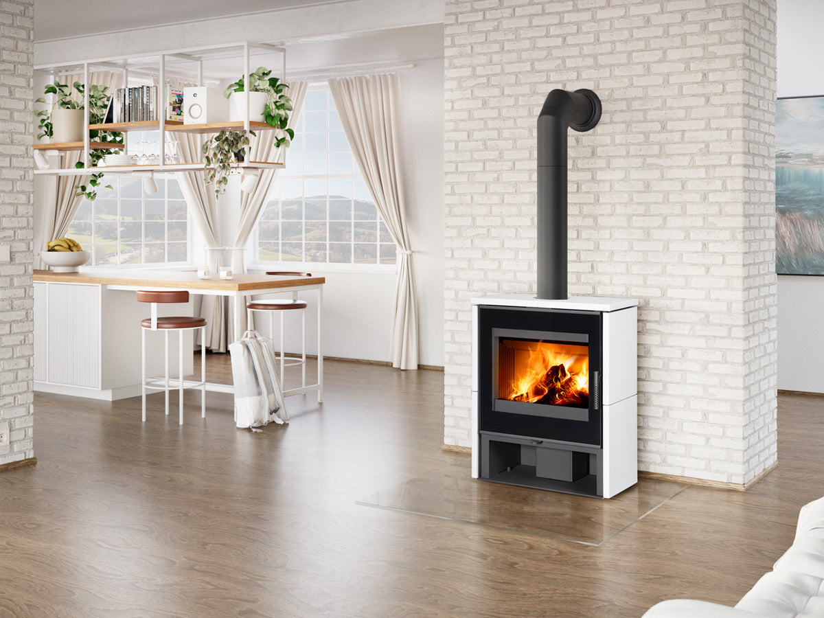 Soba Aledo G in decor interior modern, luminos cu caramida alba pe pereti 