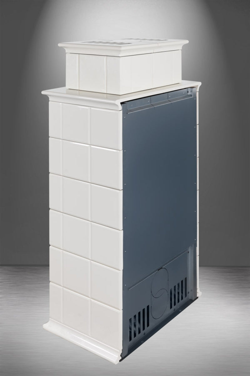 Detaliu spate semineu modular tip soba cu teracota alba si geam drept baracca10H