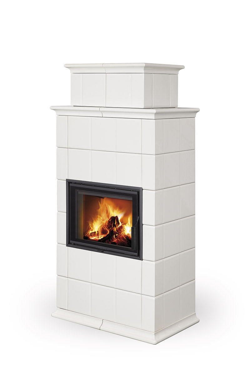 Semineu modular tip soba cu teracota alba, inalta cu linii drepte, focar cu un geam, model BARACCA10H de la Romotop
