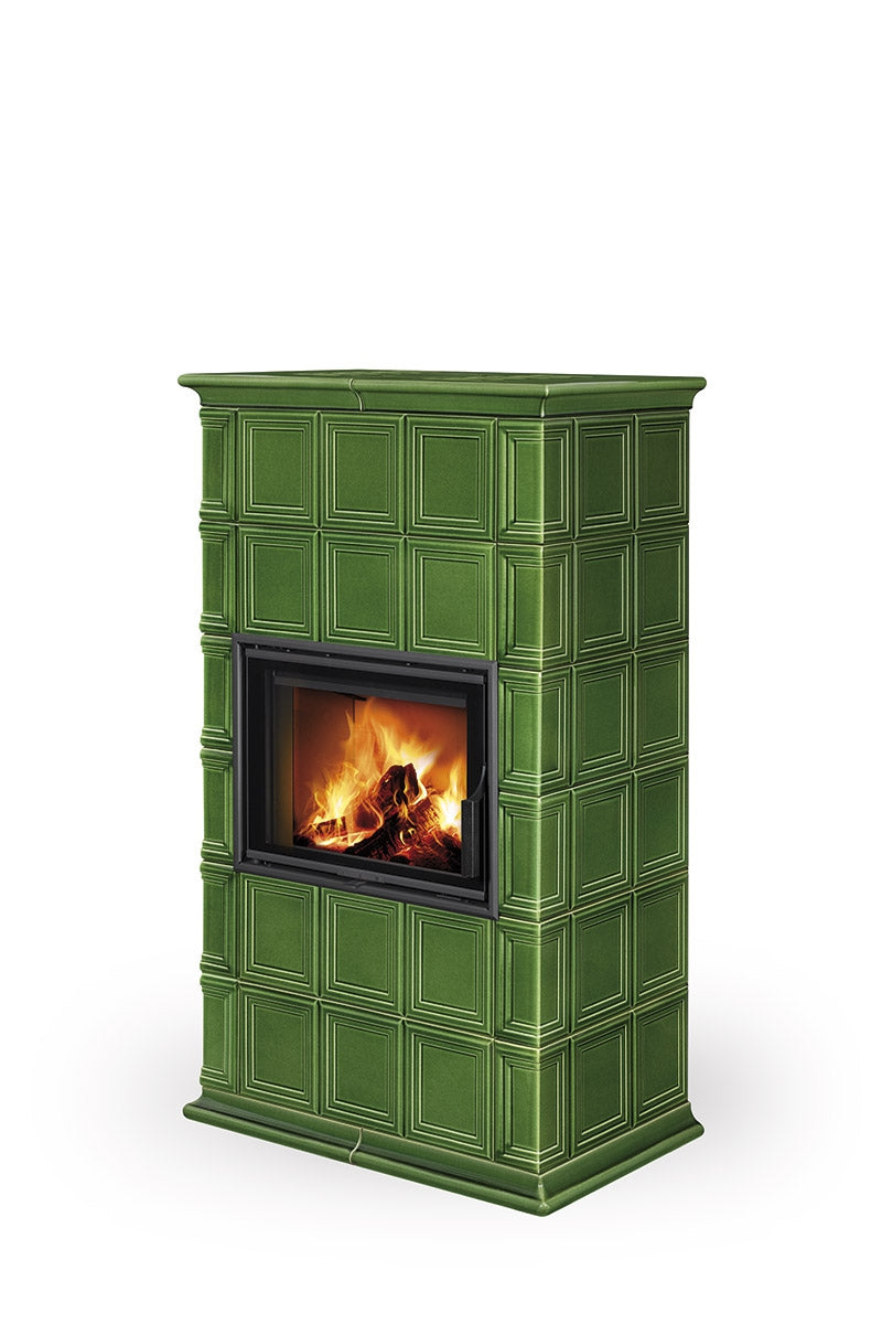 Semineu modular tip soba cu teracota rustica verde, cu linii drepte, focar cu un geam, model BARACCA11 de la Romotop