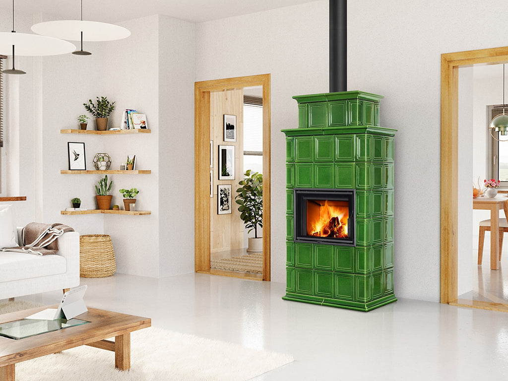 Semineu modular tip soba cu teracota rustica verde, inalta montata in living cabana de munte moderna