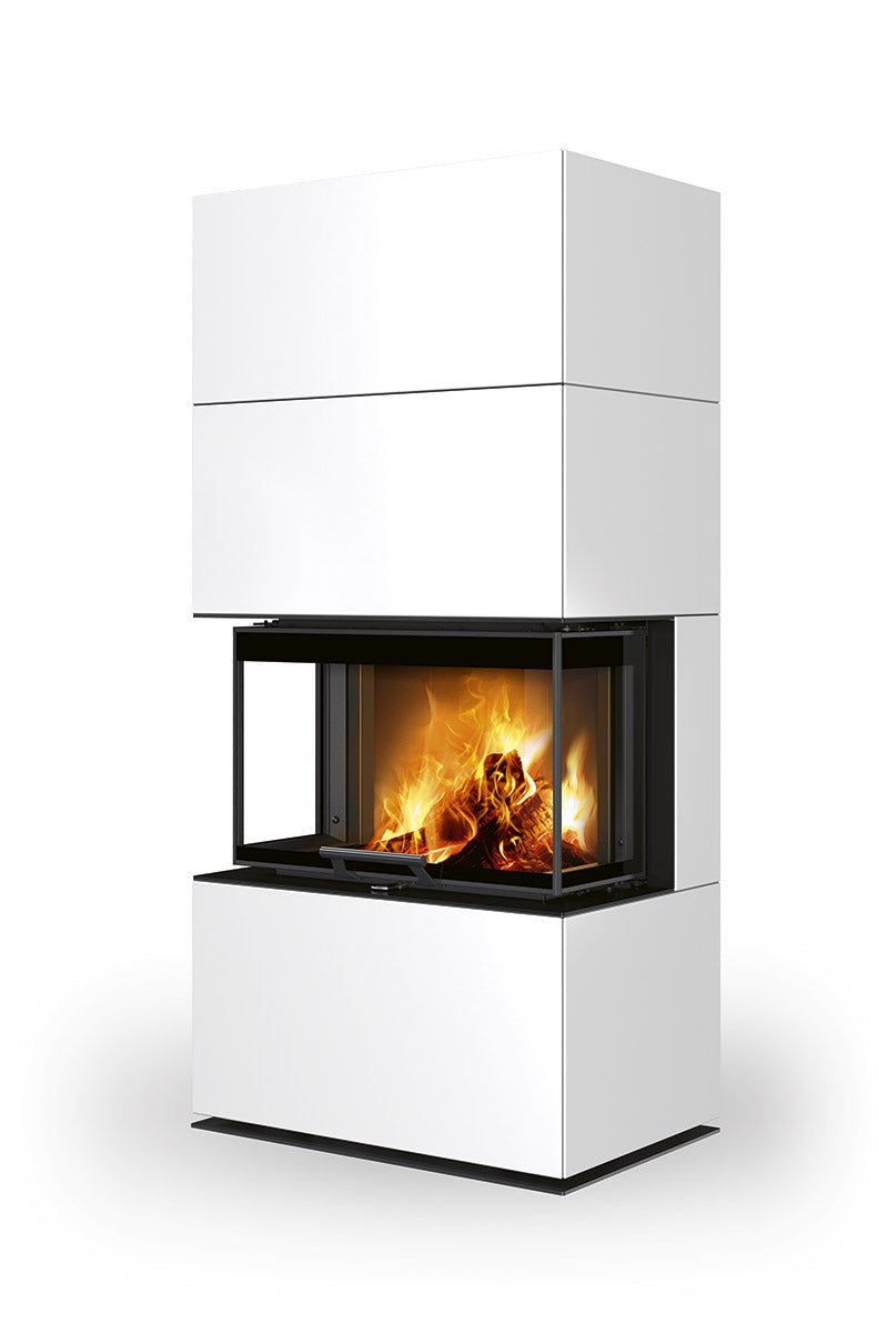 Semineu modular prefabricat, placat cu piatra ceramica alba, geam cu trei laturi de la Romotop, model CARA C10