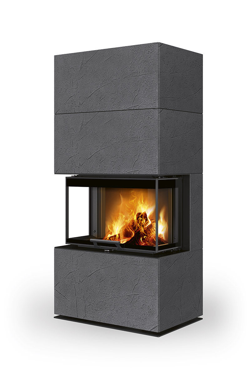 Semineu modular complet, gata de instalat, beton gri inchis, geam pe 3 laturi, Romotop