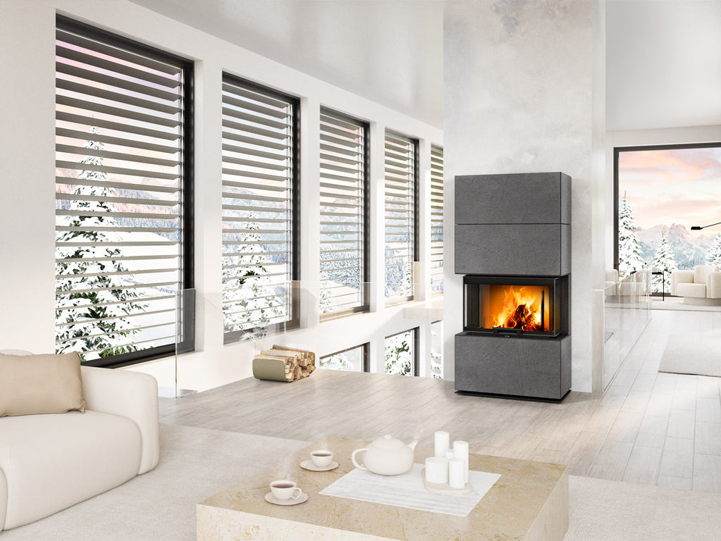 Semineu modular gri deschis, design modern, instalat in living open-space in vila la munte minimalista