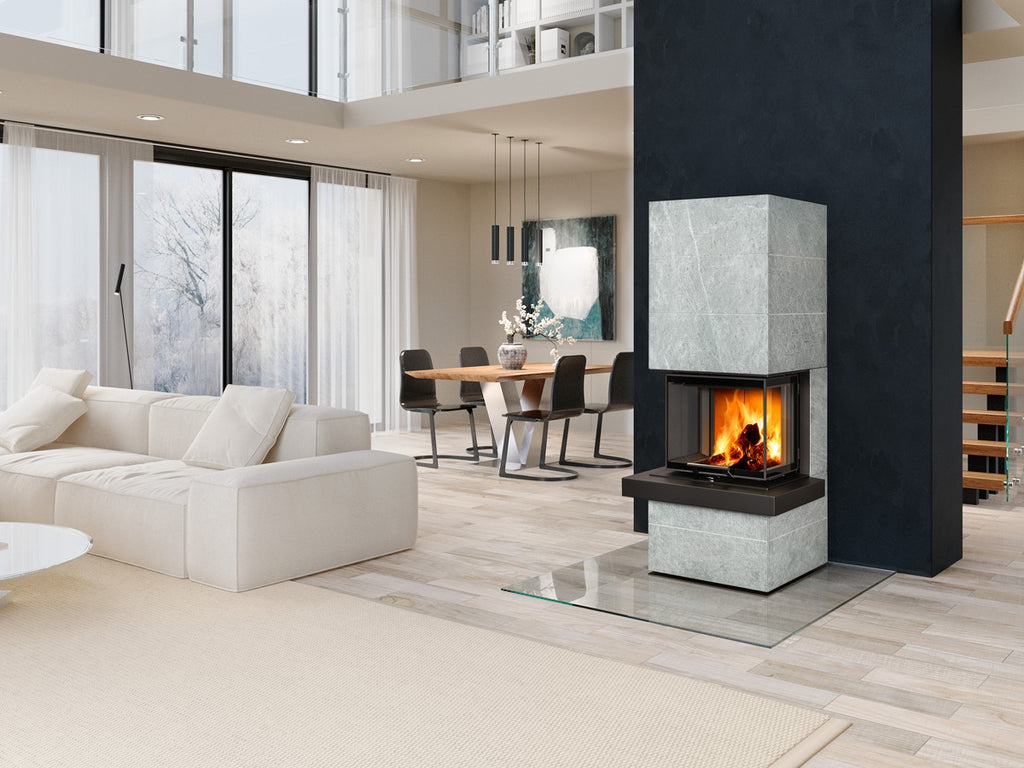 Semineu modular slim cu piatra serpentin gri, montat in living spation cu design modern