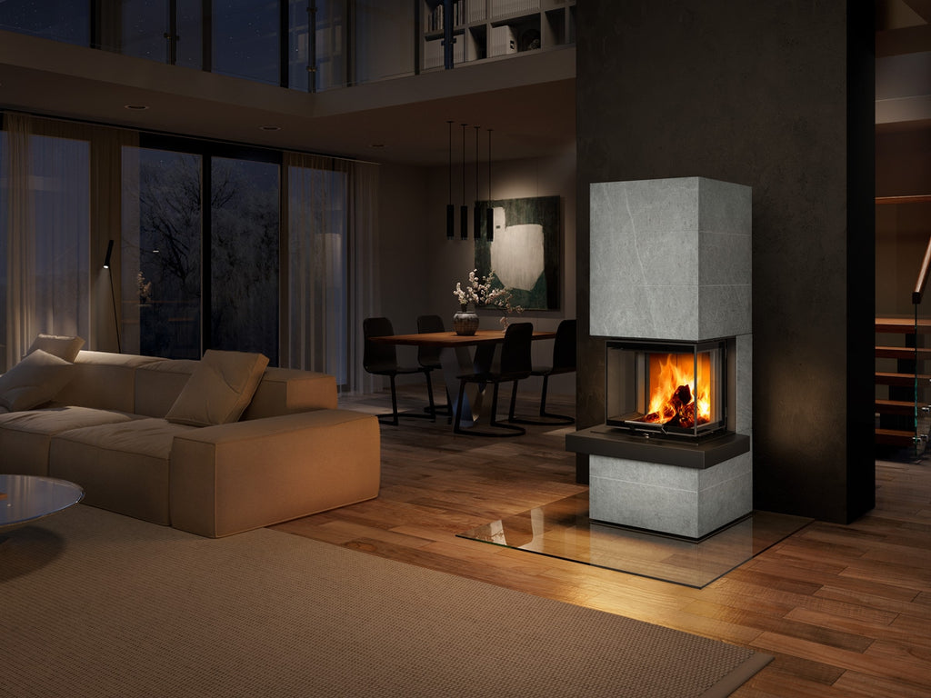 Semineu modular slim cu piatra serpentin gri, montat in living spation cu design modern in atmosfera de seara