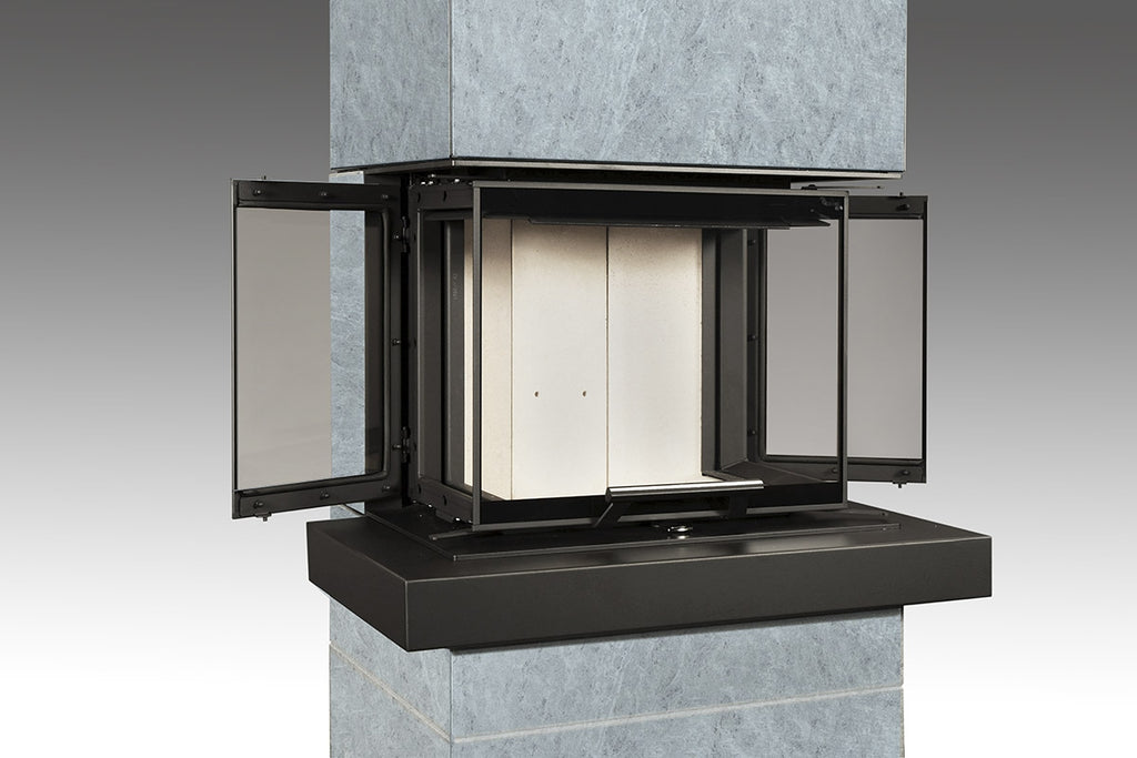 Detaliu usa geam din 3 laturi pentru semineul modular cu piatra serpentin gri de la Romotop