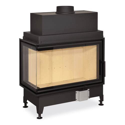 Focar de semineu pe lemne, model colt stanga, cu sticla pe doua laturi pentru o vedere clara asupra flacarilor. Structura robusta din otel, interior captusit cu samota pentru eficienta termica ridicata si ardere curata. Design modern, perfect pentru seminee personalizate.
