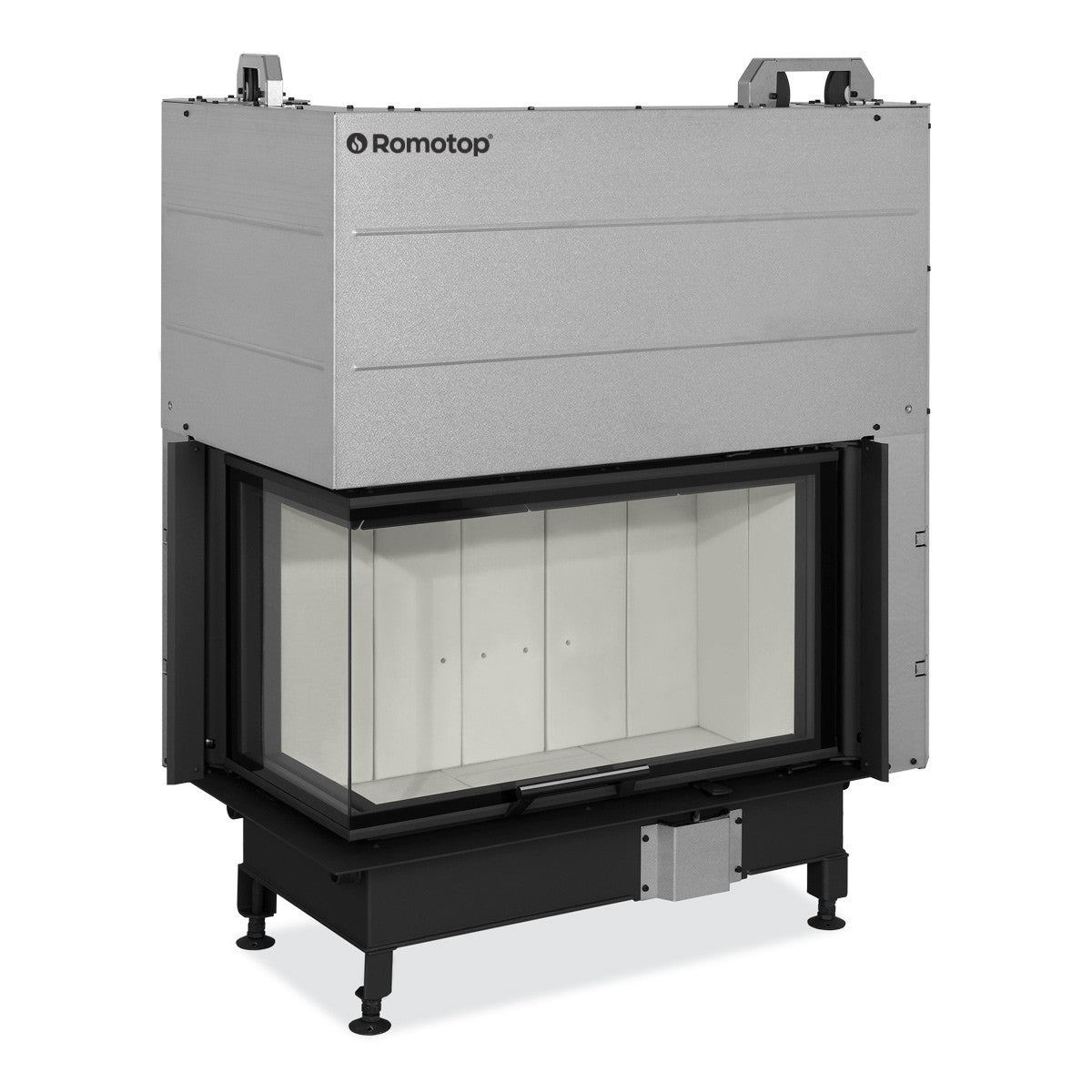Focar Romotop cu geam pe colt stanga si usa lift, deschidere verticala. Interior captusit cu samota IGNITON, optimizat pentru ardere eficienta. Geam mare, fara rame vizibile, pentru un aspect elegant si o vedere ampla asupra focului.