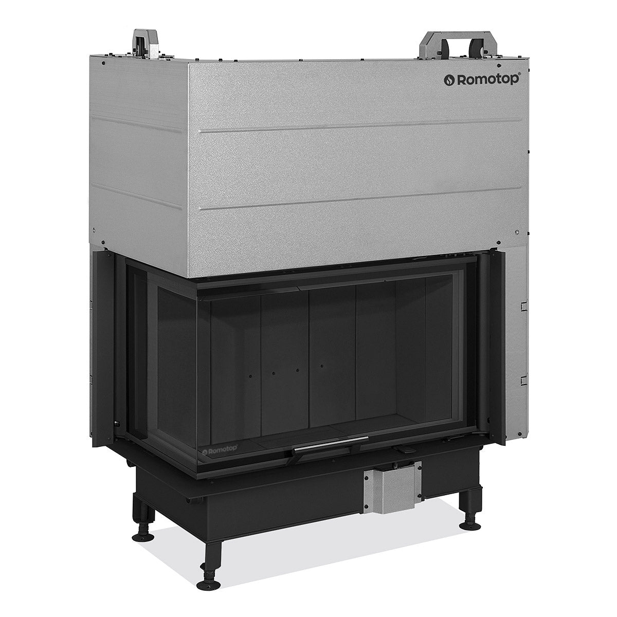 Focar de semineu pe lemne cu sticla pe colt stanga si usa cu deschidere pe verticala. Structura solida din otel, cu un design minimalist si eficient. Camera de ardere captusita cu samota neagra. Geamul panoramic ofera o vedere excelenta asupra focului, perfect pentru un ambient cald si primitor.