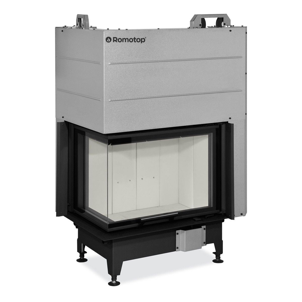 Focar lemne Romotop cu latura pe colt stanga si usa cu mecanism de ridicare SILENT LIFT. Design elegant, cu structura metalica durabila si interior captusit cu caramizi termorezistente in nuanta deschisa. Geamul generos asigura o vedere clara asupra focului, fiind ideal pentru spatii moderne si confortabile
