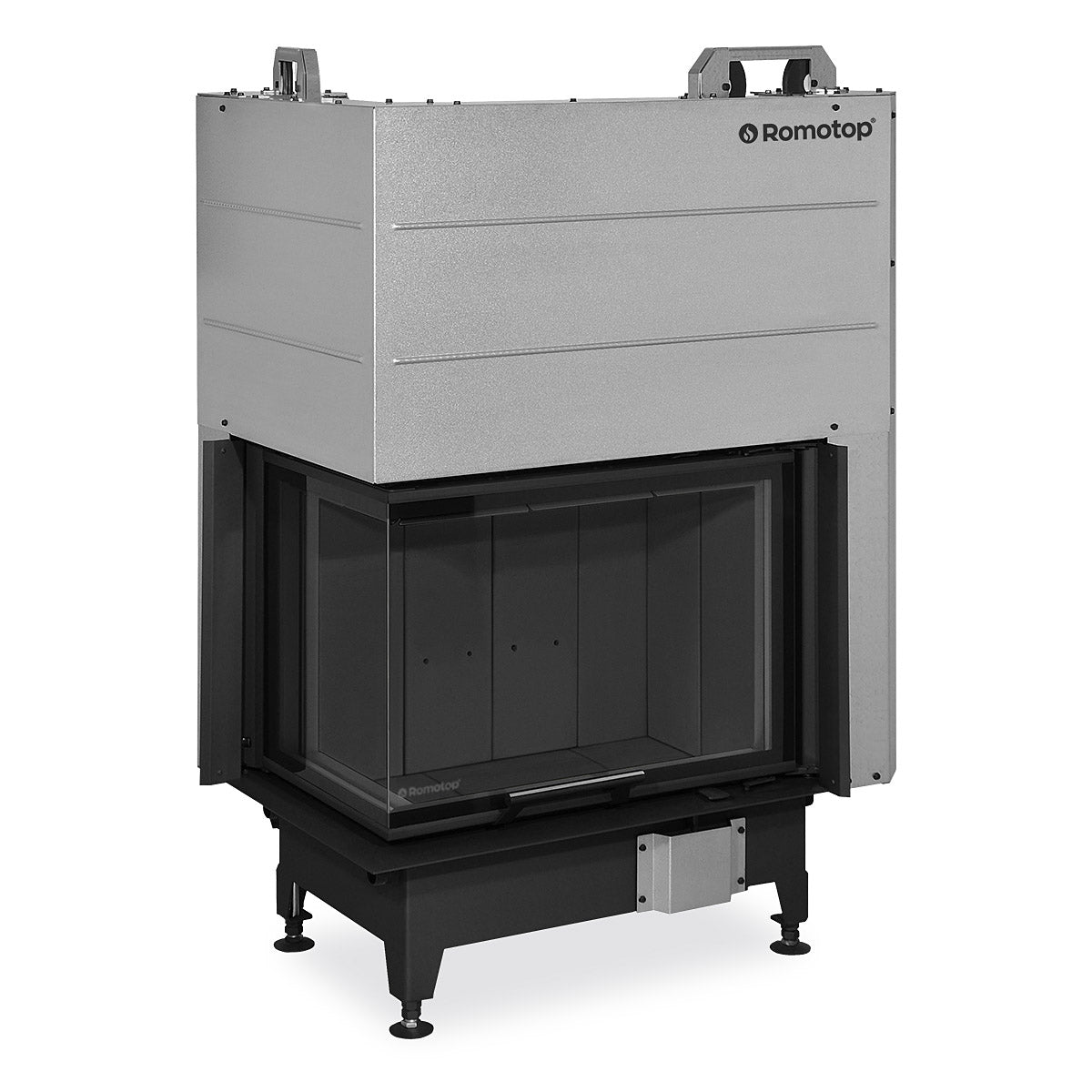 Focar lemne Romotop pentru semineu cu colt pe stanga. Design robust, cu interior captusit cu samota neagra. Sticla rezistenta la temperaturi inalte, cu print negru, asigurand un aspect modern si o vizibilitate clara asupra flacarilor.