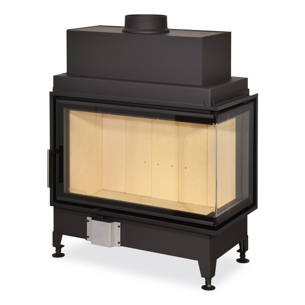 Focar de semineu pe lemne, model colt dreapta, cu geam mare pe doua laturi pentru vizibilitate extinsa asupra flacarilor. Constructie solida din otel, interior captusit cu samota crem.. Design modern, ideal pentru integrarea intr-un semineu personalizat.