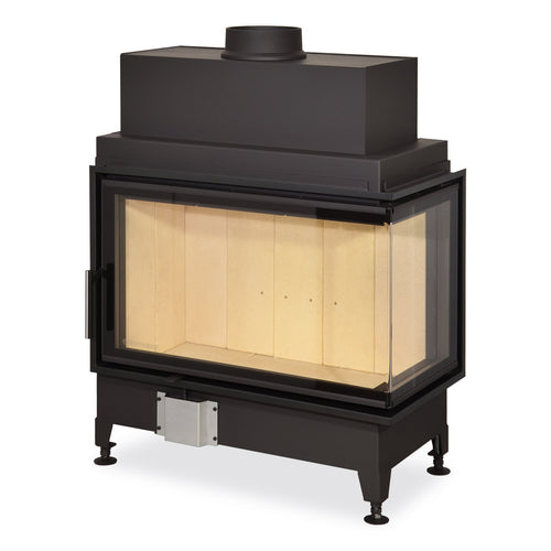 Focar de semineu pe lemne, model colt dreapta, cu geam mare pe doua laturi pentru vizibilitate extinsa asupra flacarilor. Constructie solida din otel, interior captusit cu samota crem.. Design modern, ideal pentru integrarea intr-un semineu personalizat.