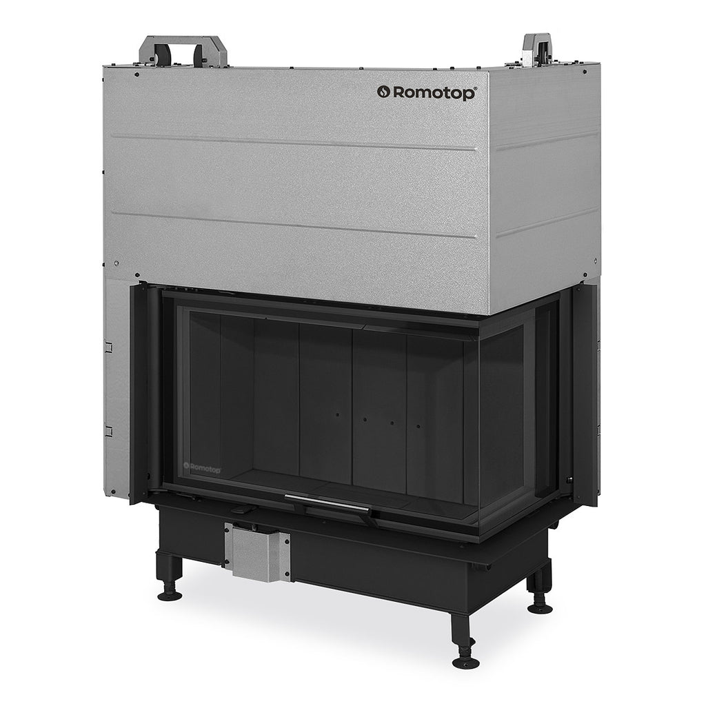 Focar lemne Romotop cu usa glisanta verticala si sticla pe colt dreapta. Design modern, cu rama metalica robusta, interior captusit cu samota neagra si geam amplu pentru o vizibilitate clara asupra flacarilor.