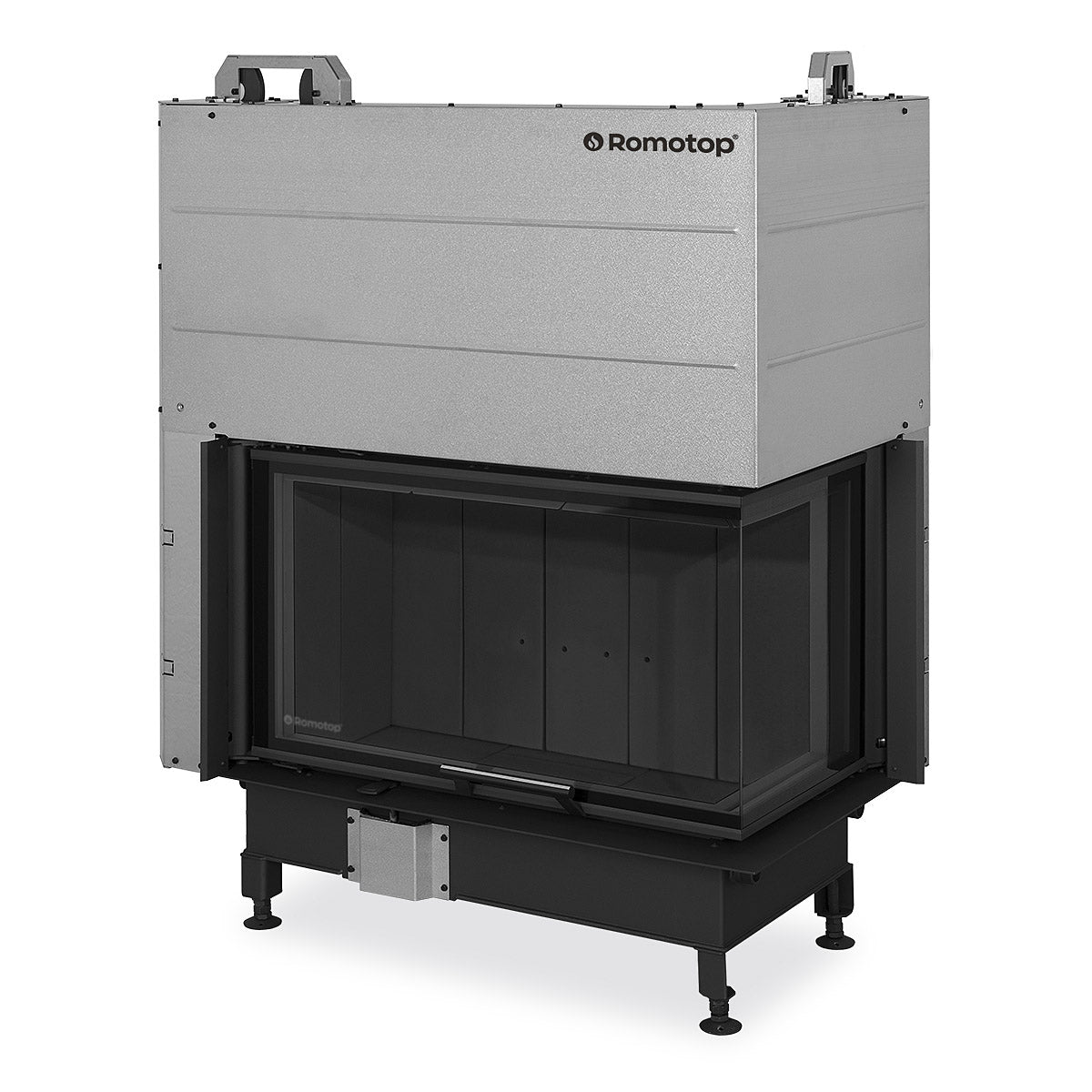 Focar lemne Romotop cu usa glisanta verticala si sticla pe colt dreapta. Design modern, cu rama metalica robusta, interior captusit cu samota neagra si geam amplu pentru o vizibilitate clara asupra flacarilor.