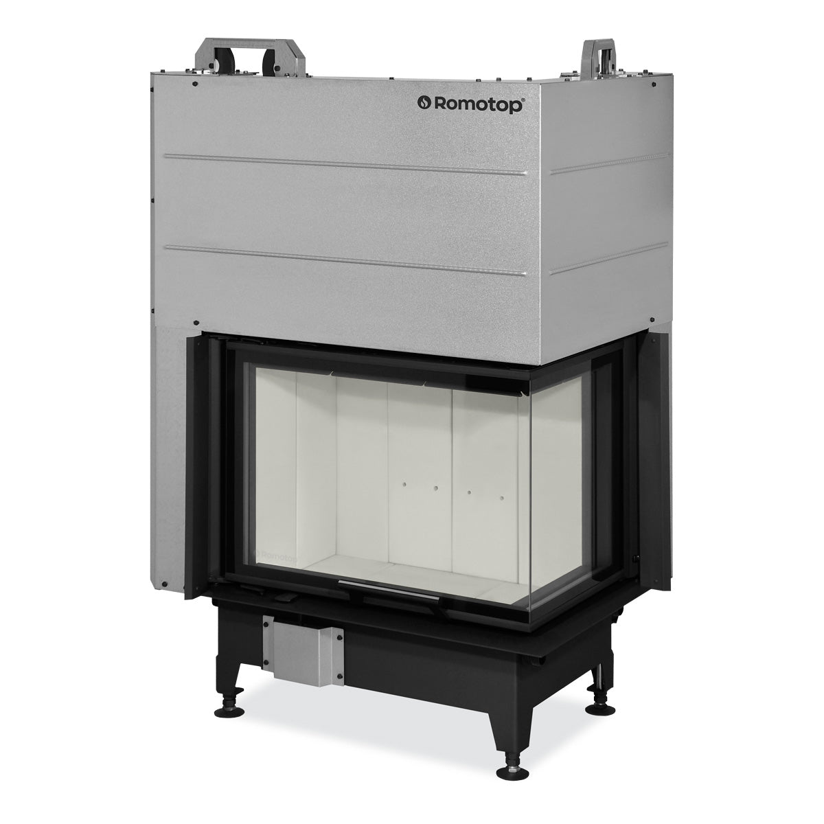 Focar de semineu pe lemne Romotop  cu geam pe colt dreapta si usa cu dubla deschidere. Design elegant, cu structura metalica durabila si interior captusit cu caramizi termorezistente in nuanta deschisa. Geamul generos asigura o vedere clara asupra focului, fiind ideal pentru spatii moderne si confortabile.