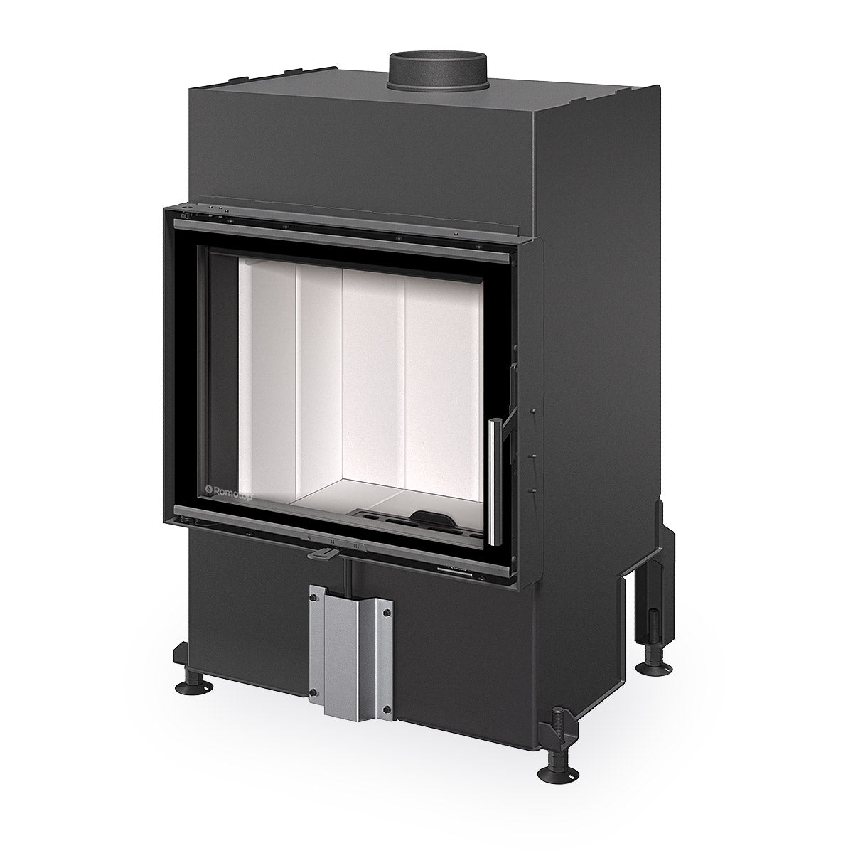 Focar Romotop Heat, H4N04 model drept cu usa standard de 59x50 cm. Otel rezistent, samota alba, element de control al aerului, design modern si compact, perfect pentru integrarea in seminee personalizate.