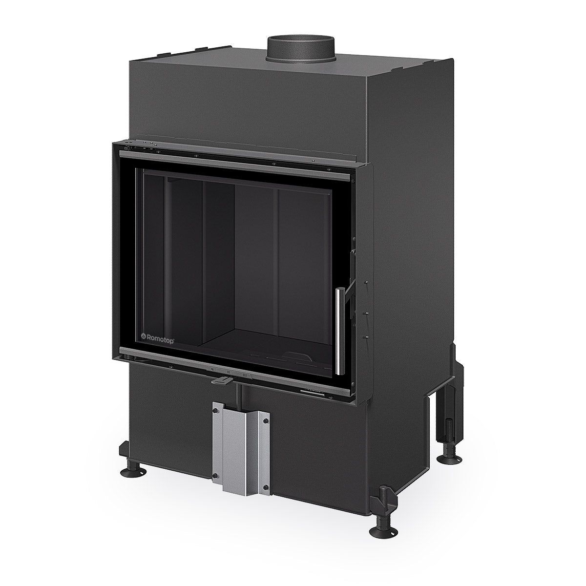 Focar Romotop Heat, H4N06 model drept cu usa standard de 59x50 cm. Otel rezistent, samota neagra, element de control al aerului, design modern si compact, perfect pentru integrarea in seminee personalizate.