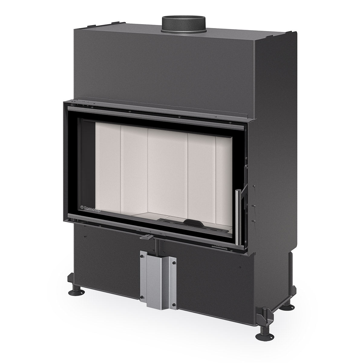 Focar Romotop Heat H4P14, model drept, ingust, usa balamale 70x44 cm, samota alba, element de control al aerului, design modern si compact, perfect pentru case pasive.