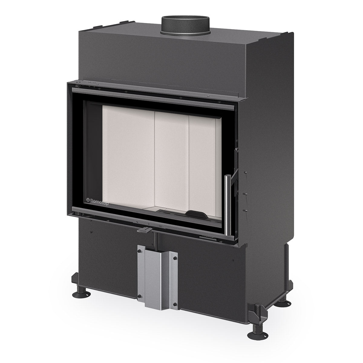Focar pe lemne Romotop Heat H4T14 - ingust cu geam frontal si deschidere laterala, samota alba, maner usa  lateral minimalist, sticla rezistenta la temperaturi ridicate.