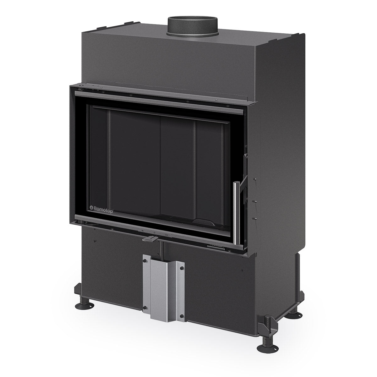 Focar pe lemne Romotop Heat H4T16 - ingust cu geam frontal si deschidere laterala, samota neagra, maner usa  lateral minimalist, sticla rezistenta la temperaturi ridicate.