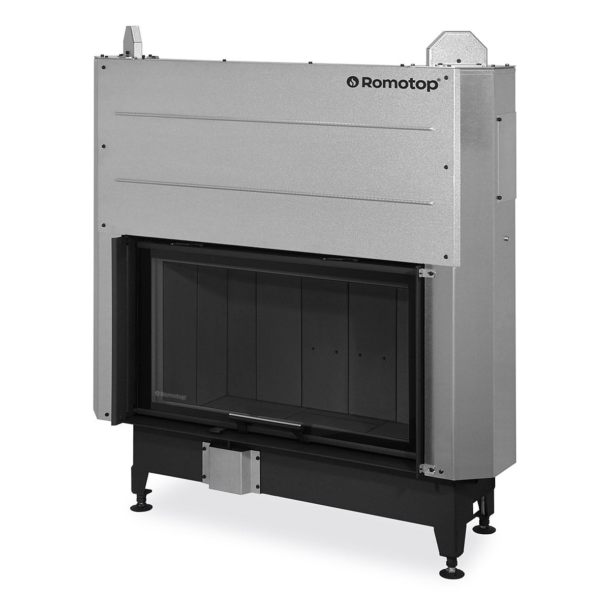 Focar lemne Romotop, un model cu un singur geam cu usa 88x50 cm si interior negru, ideal pentru case moderne si incalzire eficienta.