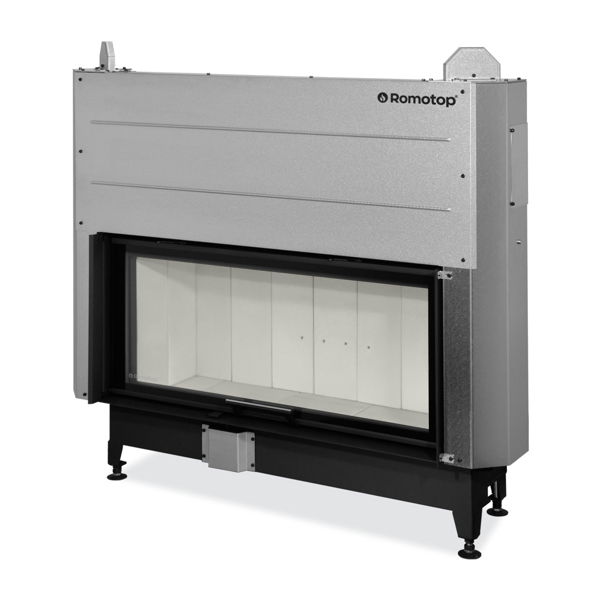 Focar lemne Romotop cu usa glisanta si geam frontal generos de 110 cm. Design minimalist cu finisaj metalic elegant si mecanism SILENT LIFT pentru deschidere lina. Interior captusit cu caramizi termorezistente in nuanta deschisa, optimizat pentru eficienta termica. Ideal pentru incaperi moderne, oferind o vedere ampla asupra flacarilor.
