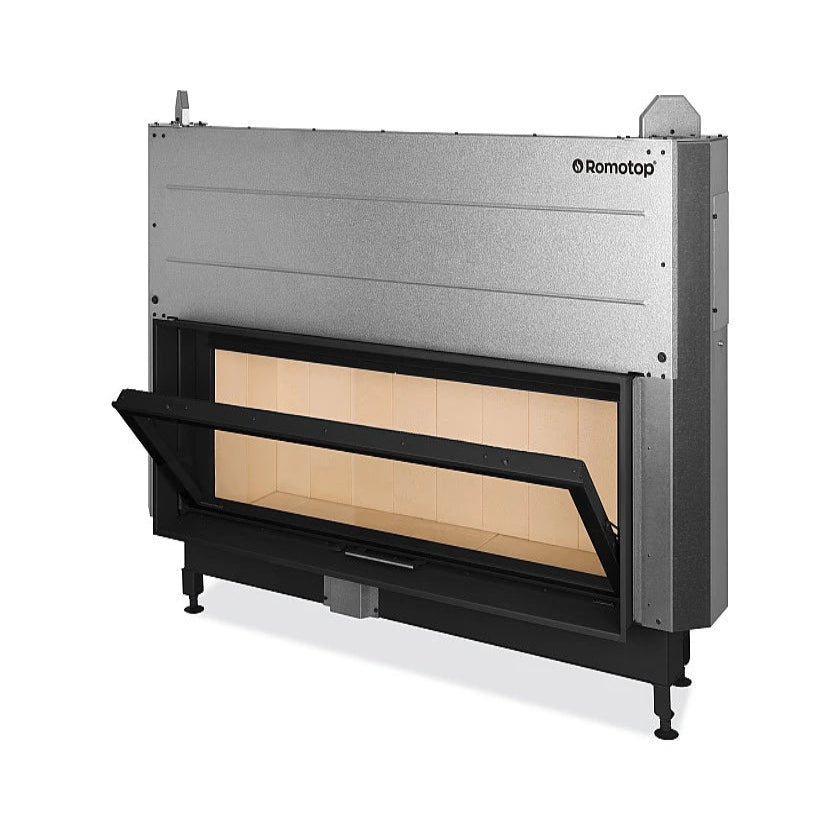 Focar lemne H3LK cu usa rabatabila deschisa, camera de ardere captusita cu samota crem. Structura metalica solida si design modern, potrivit pentru incalzirea eficienta a spatiilor mari.
