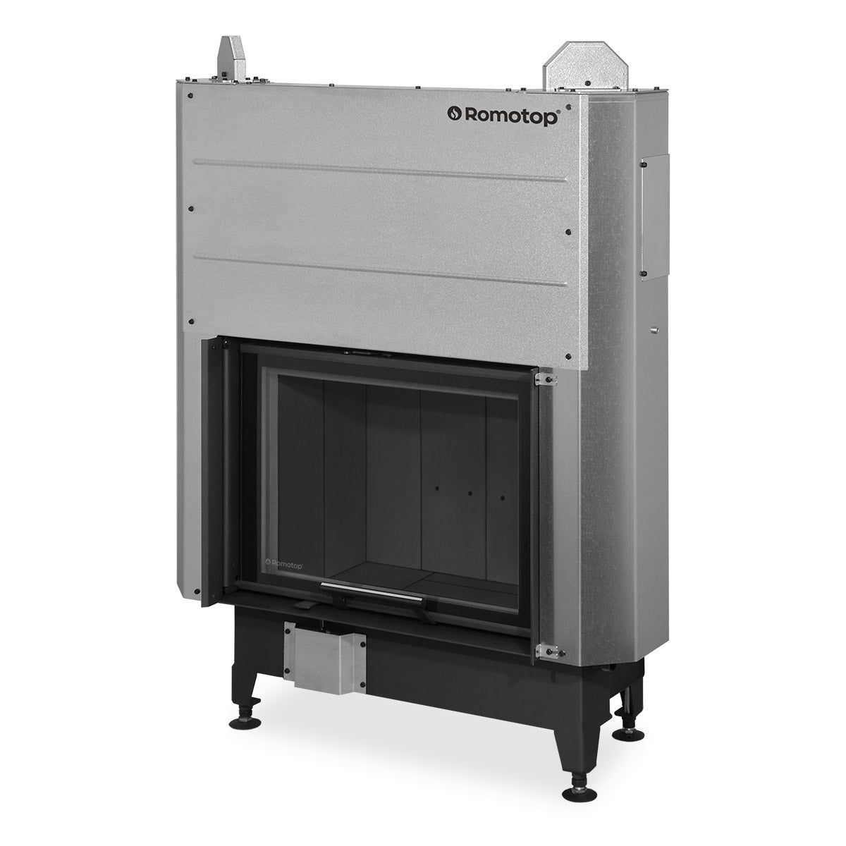 Focar pentru semineu lemne cu usa de 66x50 cm, cu dubla deschidere si geam frontal mare. Camera de ardere cu saota neagra. Structura robusta, sustinuta de picioare reglabile, oferind stabilitate.