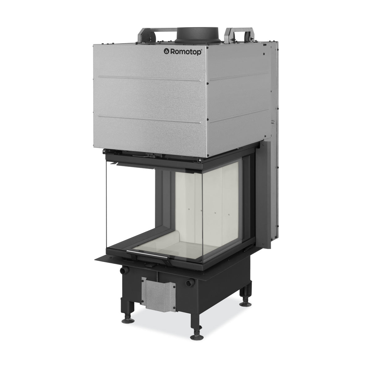 Focar pe lemne Romotop cu design elegant si geam panoramic pe trei laturi. Structura robusta cu usa retractabila pe verticala pentru o experienta premium. Camera de ardere captusita cu samota crem. Ideal pentru seminee moderne cu vizibilitate extinsa asupra flacarilor.