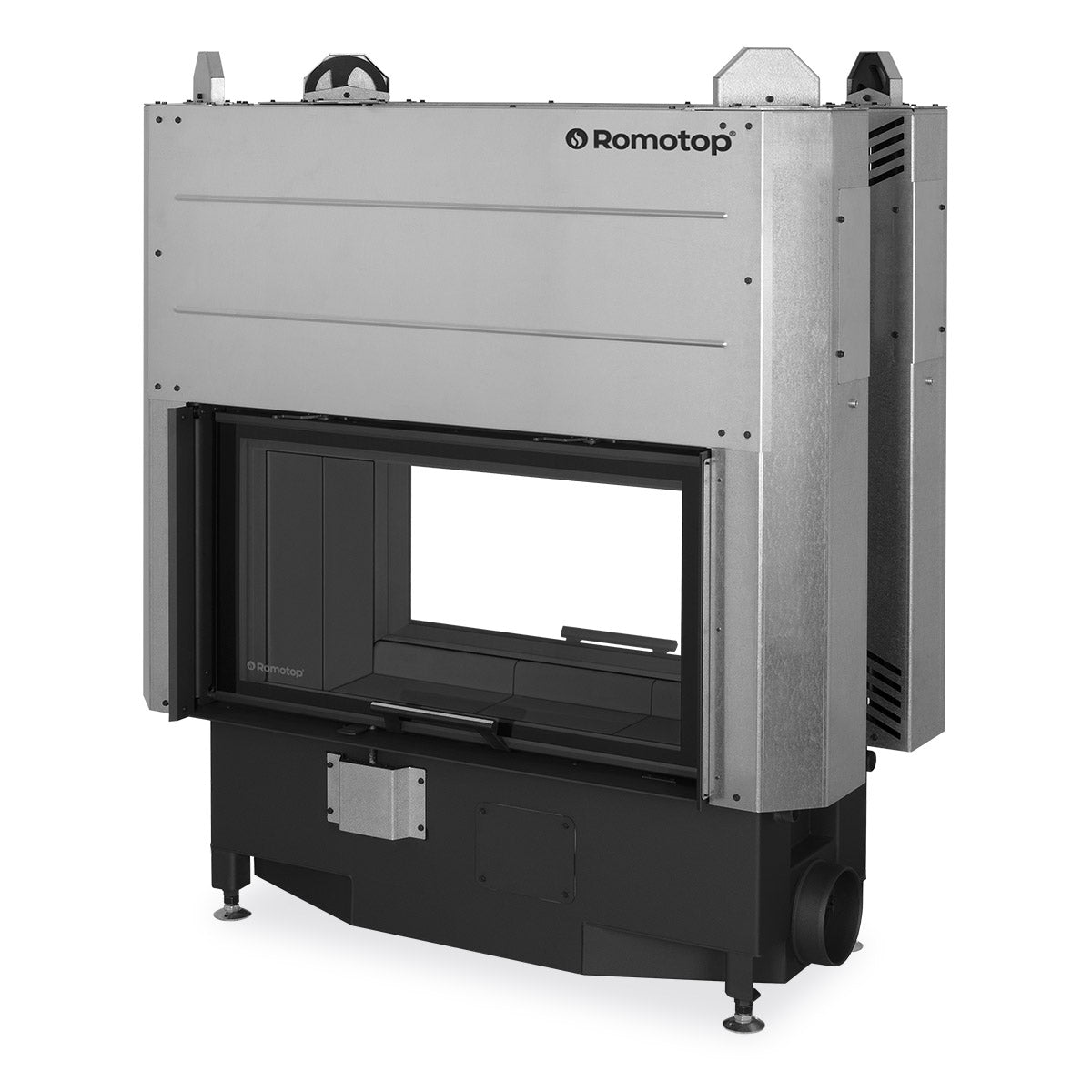 Focar tunel pe lemne Romotop 88x50, ideal pentru integrarea intre doua incaperi. Structura robusta si finisaje premium, cu samota neagra la interior. Design modern, perfect pentru seminee personalizate in spatii rezidentiale elegante.