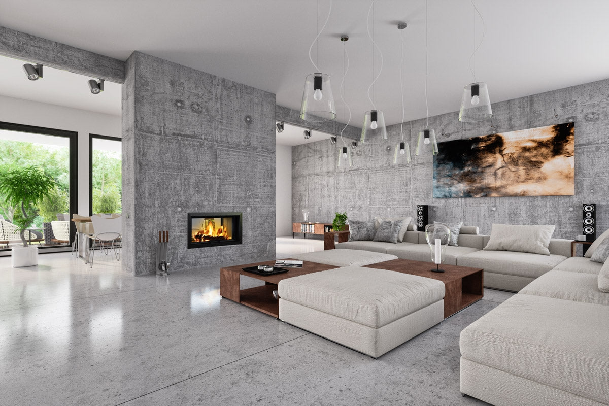 Semineu modern cu focar tunel Romotop 88x50, integrat intr-un perete din beton aparent, creand o separare eleganta intre living si dining. Flacarile vizibile prin geamul dublu adauga caldura si rafinament unui spatiu contemporan, cu mobilier minimalist si iluminat suspendat sofisticat. Un design perfect pentru interioare premium.