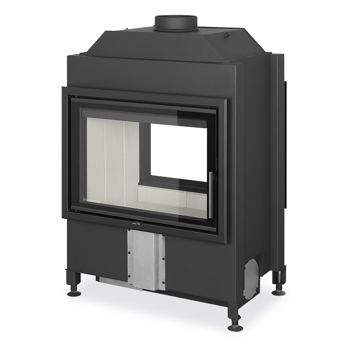 Focar semineu tunel Romotop 70x50, ideal pentru incaperi conectate. Design modern cu doua laturi vitrate, permitand vizualizarea focului din ambele parti. Construit pentru a aduce confort si atmosfera primitoare in orice spatiu, oferind o separare eleganta intre camere.