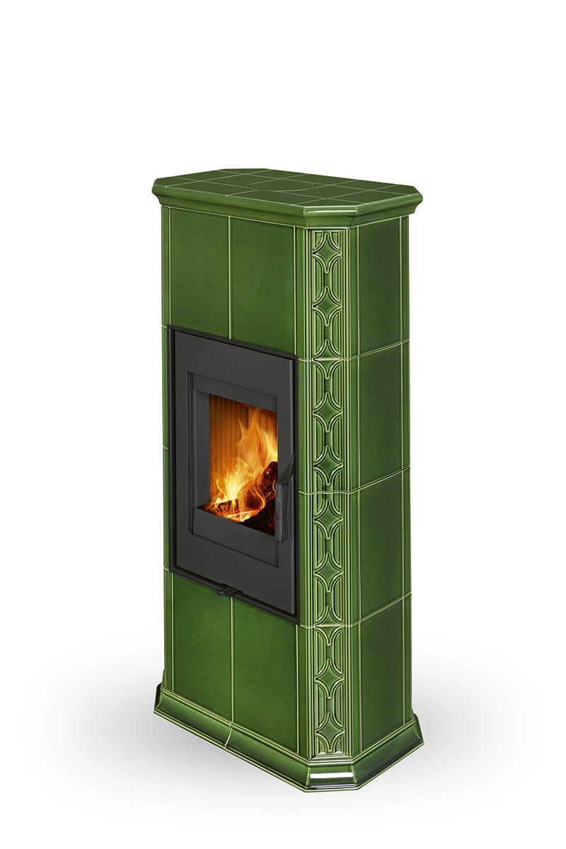 Soba lemne teracota cu acumulare Romotop Gremio 4 verde cu model teracota pe lateral