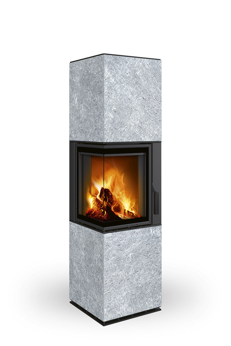 Semineu modular placat cu piatra serpentin gri, cu geam pe colt stanga cu doua laturi de sticla, fabricat de Romotop