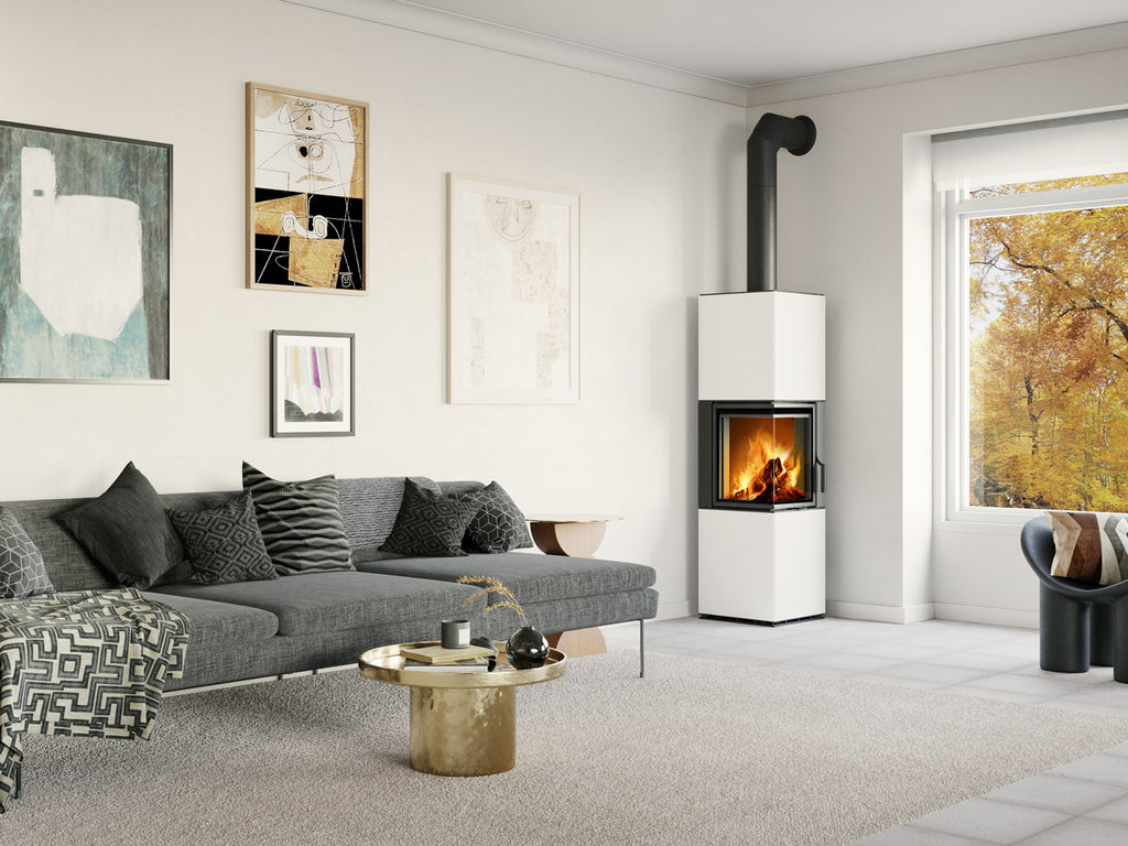 Semineu modular de colt placat cu piatra alba, instalat intr-un living cu design modern scandinav