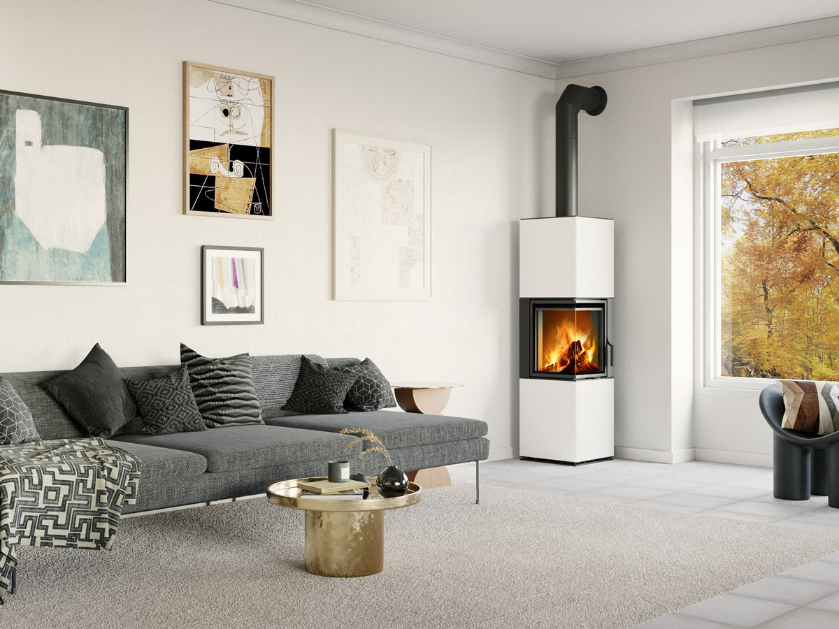 Semineu modular de colt placat cu piatra alba, instalat intr-un living cu design modern scandinav