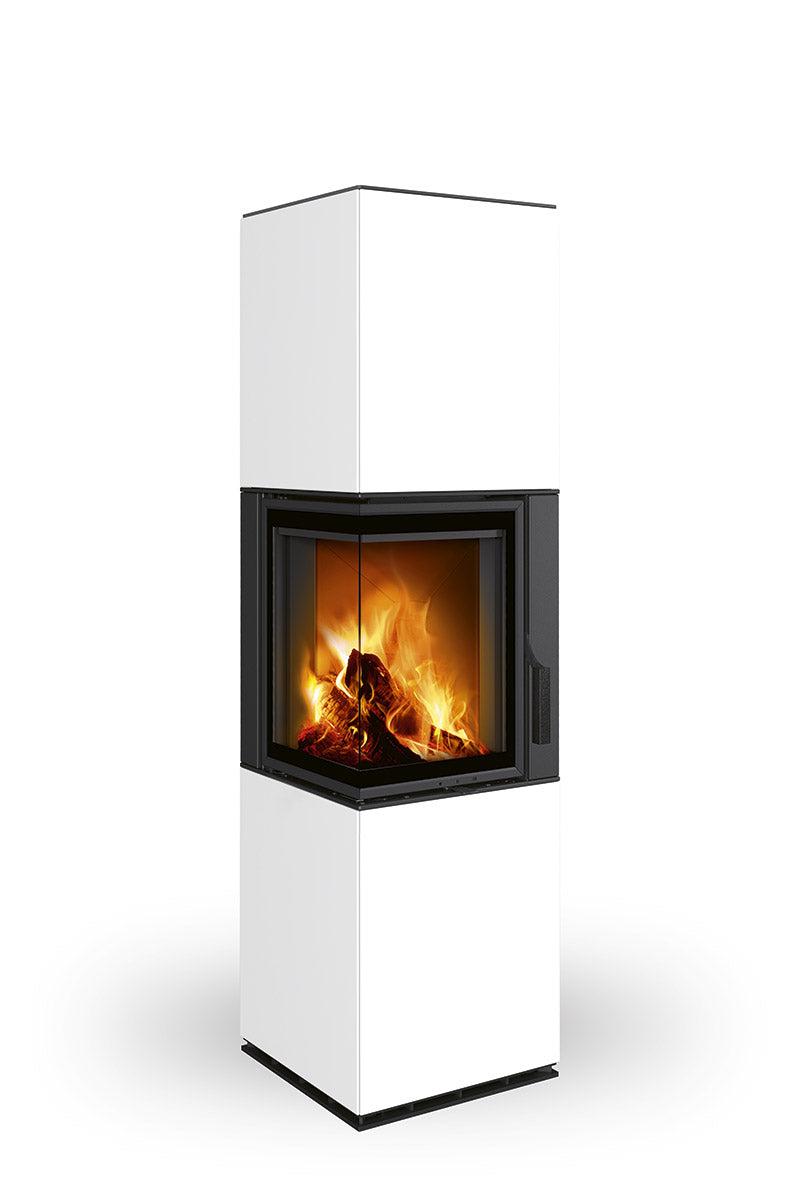 Semineu modular placat cu piatra ceramica alba, cu geam pe colt stanga cu doua laturi de sticla, fabricat de Romotop