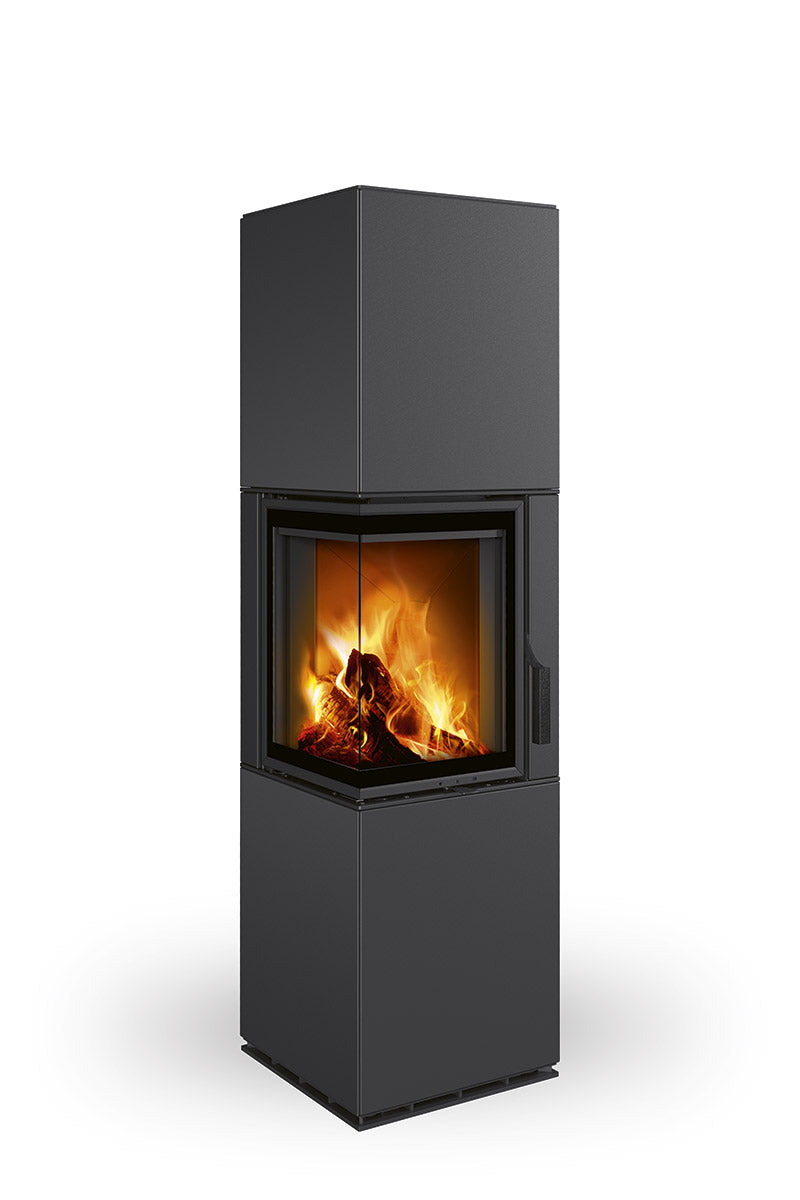 Semineu modular metalic negru, cu geam pe colt stanga cu doua laturi de sticla, fabricat de Romotop