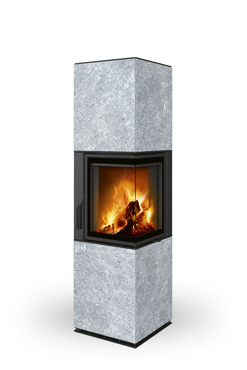 Semineu modular placat cu piatra serpentin gri, cu geam pe colt dreapta cu doua laturi de sticla, fabricat de Romotop
