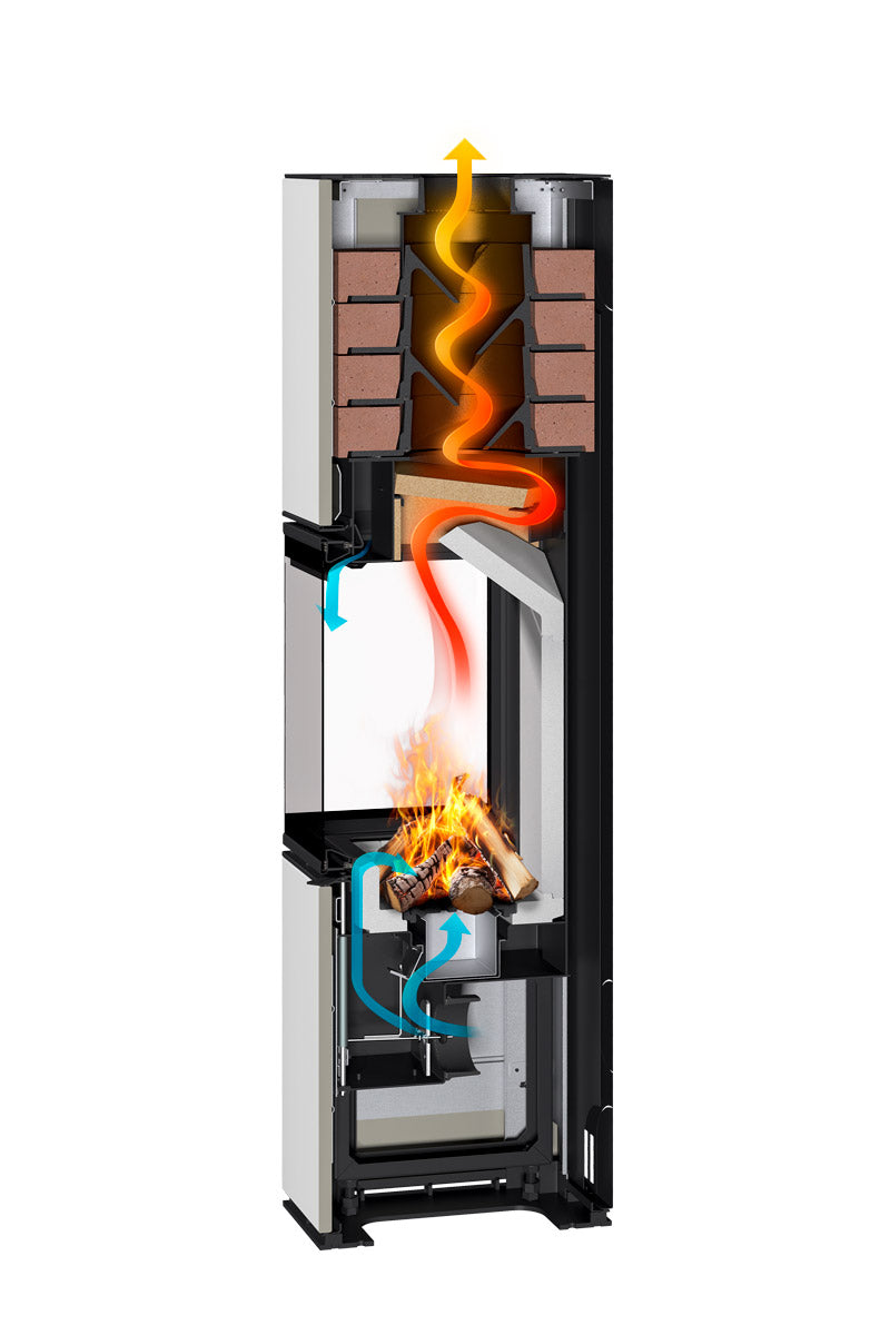 Detaliu sectiune cum functioneaza semineu modular metalic pe colt de la Romotop