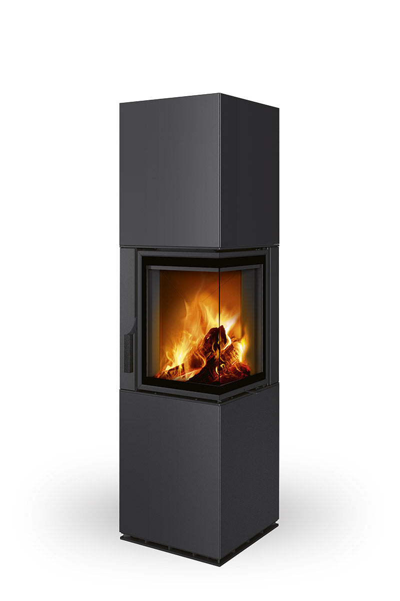 Semineu modular metalic negru, cu geam pe colt dreapta cu doua laturi de sticla, fabricat de Romotop
