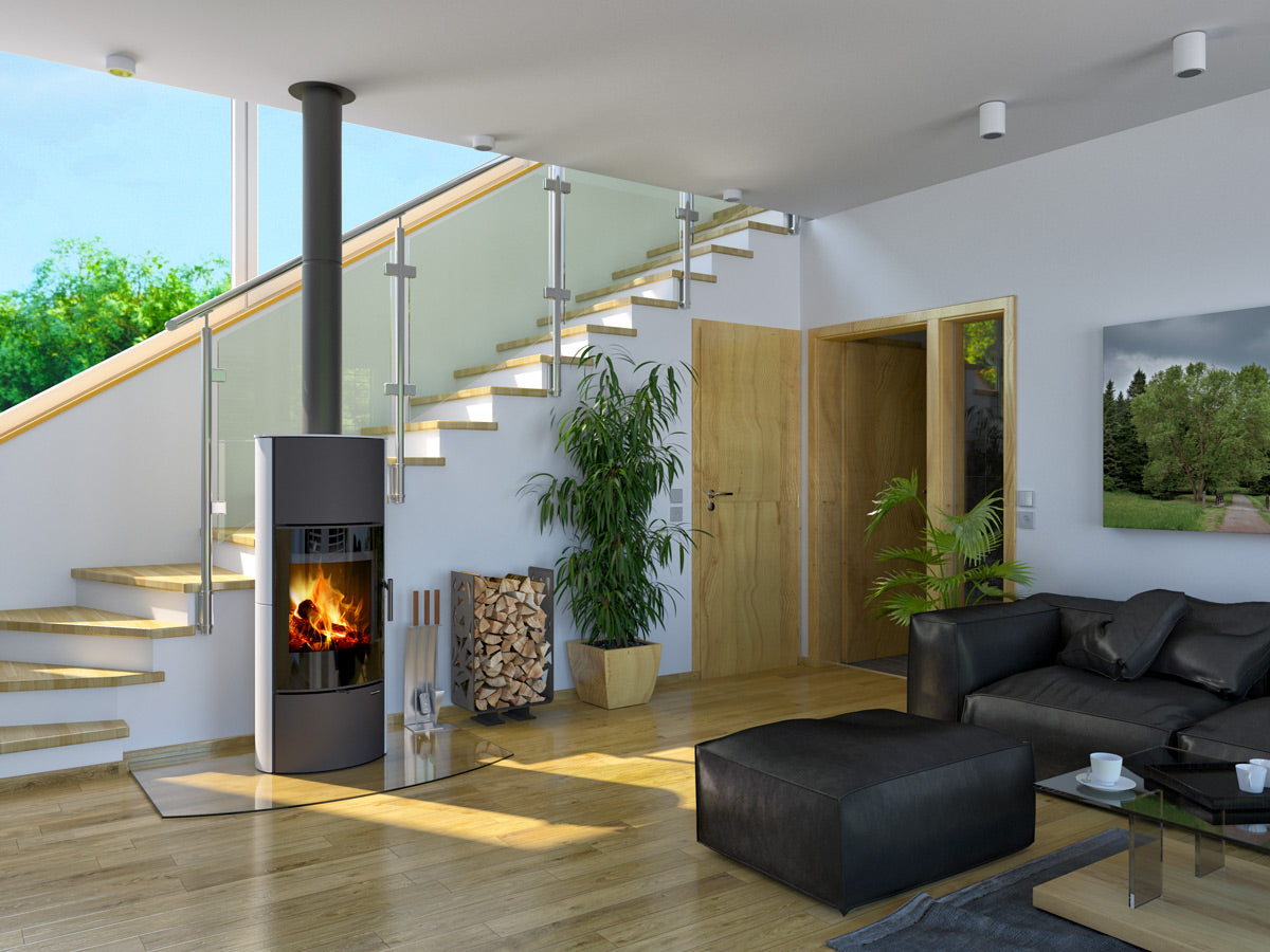 Soba cu forma cilindrica, placata cu ceramica alba pe lateral Laredo H 10 instalata langa scara intr-un living modern