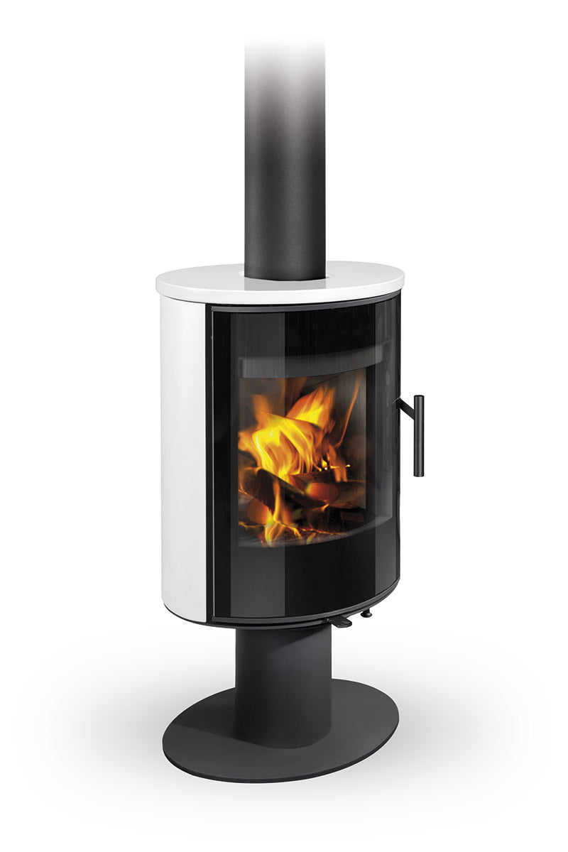Soba lemne Romotop Laredo T 10, placata pe laterale cu ceramica alba, rotativa , pe picior
